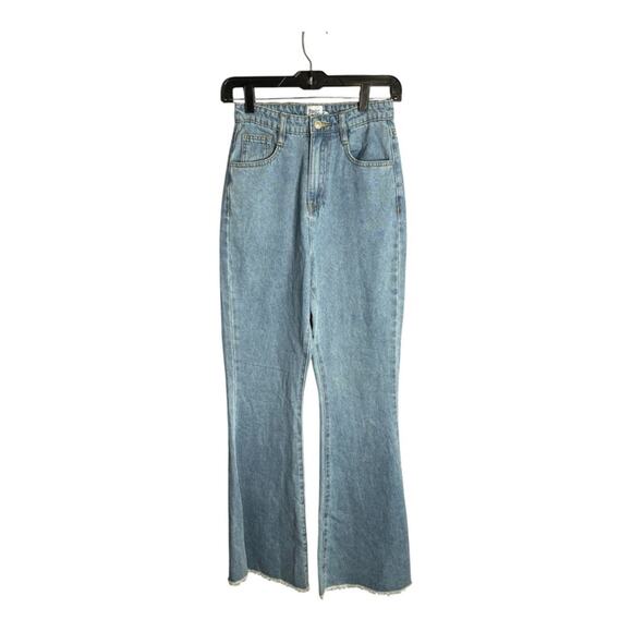 Princess Polly Medium Wash High Rise Flared Jeans With Frayed Hem Size 2 - Picture 1 of 7